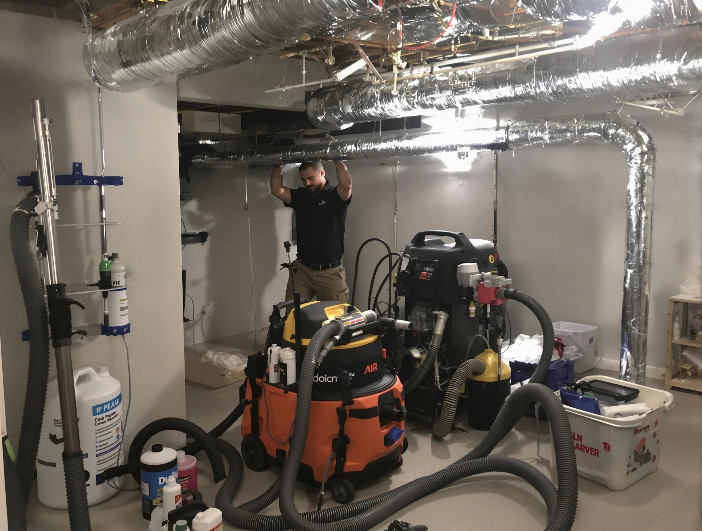 Billerica Air Duct Cleaning specialist performing professional mold removal from air ducts using safety equipment in Billerica