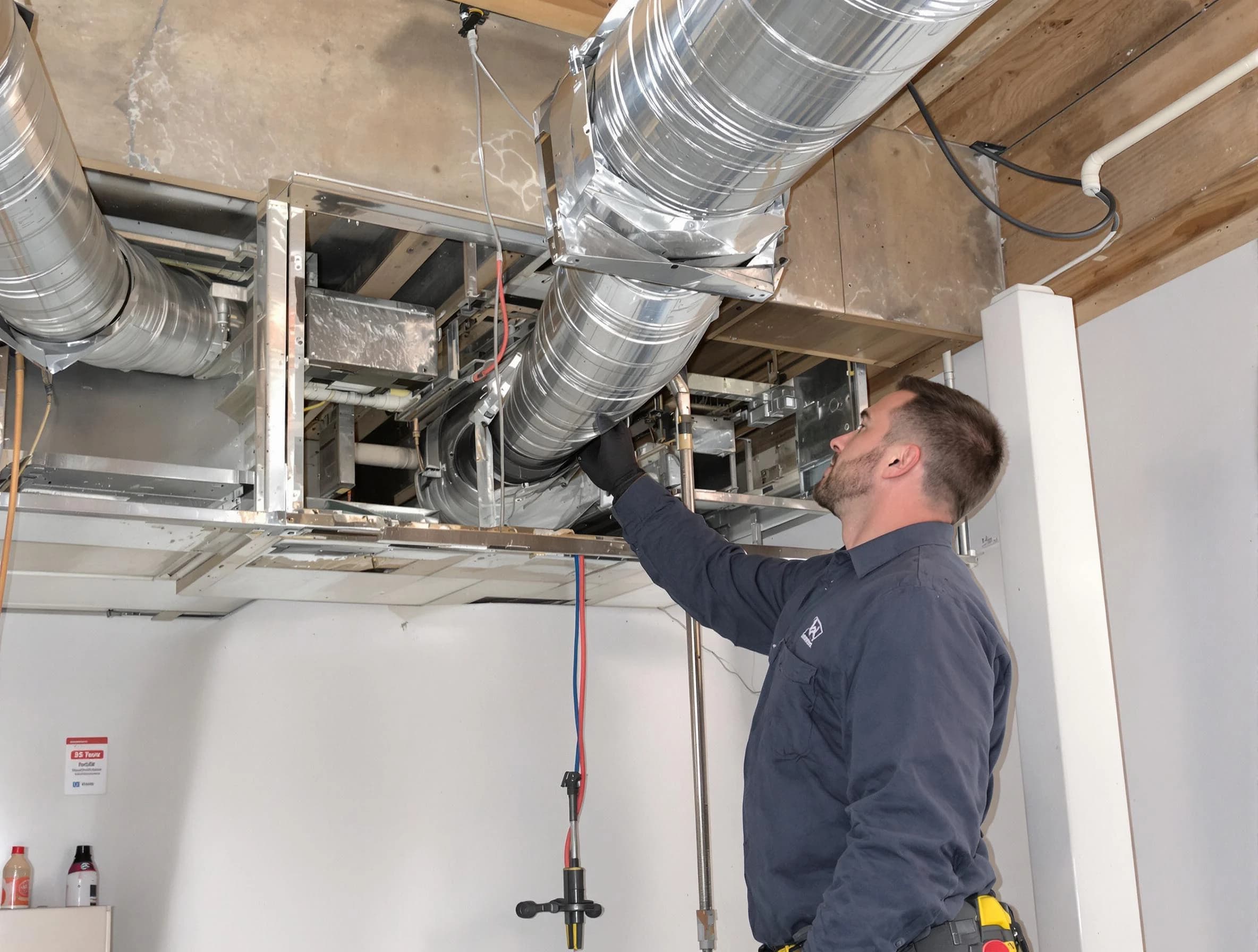 Billerica Air Duct Cleaning technician performing professional air duct repair using specialized tools in Billerica